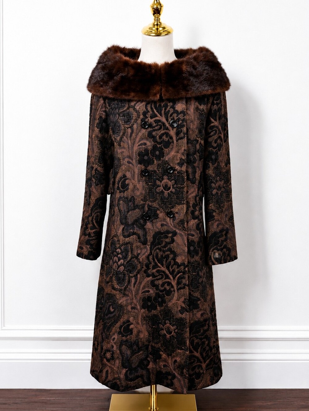 Vintage 1960s Tapestry Brocade Mink Fur Collar Coat Betty Rose Mod Luxe Medium